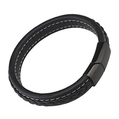 OTOTEC Pulsera de cuero para hombre, color negro, clásico, de acero inoxidable, con cierre magnético, para hombres y mujeres OTOTEC Pulsera de cuero para hombre, color negro, clásico, de acero inoxidable, con cierre magnético, para hombres y mujeres
