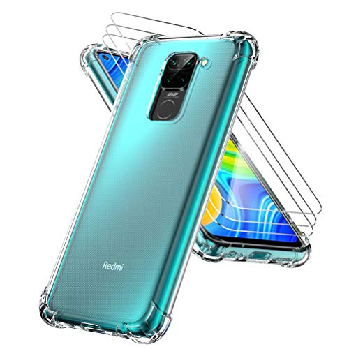 Oududianzi Funda para Xiaomi Redmi Note 9, [3 * Protector de Pantalla de Vidrio Templado] Parachoques Flexible con Funda de Colchón de Aire a Prueba de Golpes - Transparente