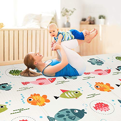 OUNUO Alfombra Niños (2m * 1.8m, 1cm de Espesor), Alfombra de Juegos de XPE, Colchoneta de Juegos Plegable, Alfombra de Doble Cara, Impermeable, No tóxico