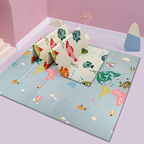 OUNUO Alfombra Niños (2m * 1.8m, 1cm de Espesor), Alfombra de Juegos de XPE, Colchoneta de Juegos Plegable, Alfombra de Doble Cara, Impermeable, No tóxico