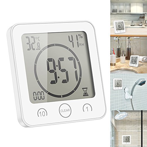 OurLeeme Reloj de Ducha a Prueba de Agua Diario, Cuarto de baño Ducha Temporizador Alarma Temperatura Humedad Pantalla Control táctil Reloj de Cuenta Regresiva (Blanco)