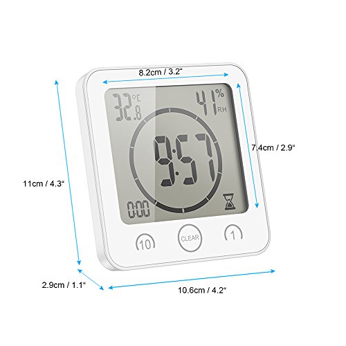 OurLeeme Reloj de Ducha a Prueba de Agua Diario, Cuarto de baño Ducha Temporizador Alarma Temperatura Humedad Pantalla Control táctil Reloj de Cuenta Regresiva (Blanco)