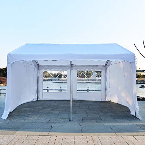 Outsunny Carpa de Jardín Cochera Gazebo 4x4m Pergola Cenador Pabellón 4 Paneles Laterales 4 Ventanas para Fiesta Eventos Bodas Acero PE Blanco