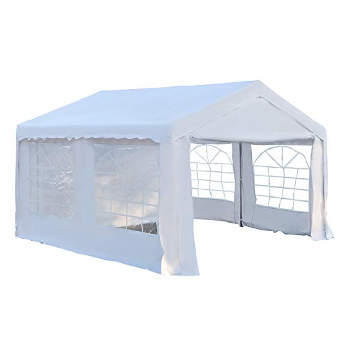 Outsunny Carpa de Jardín Cochera Gazebo 4x4m Pergola Cenador Pabellón 4 Paneles Laterales 4 Ventanas para Fiesta Eventos Bodas Acero PE Blanco