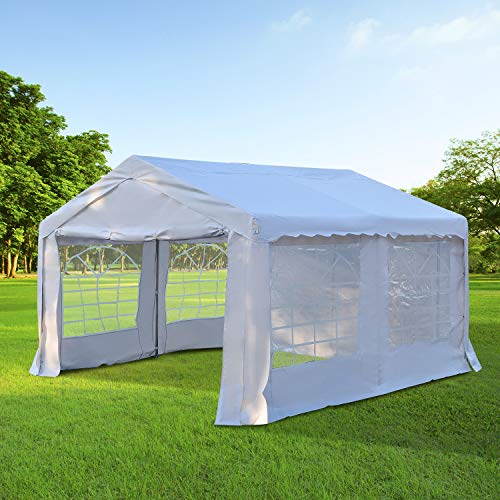 Outsunny Carpa de Jardín Cochera Gazebo 4x4m Pergola Cenador Pabellón 4 Paneles Laterales 4 Ventanas para Fiesta Eventos Bodas Acero PE Blanco