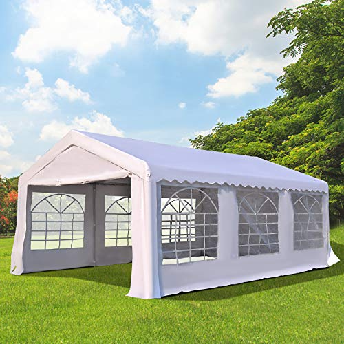 Outsunny Carpa de Jardín Cochera Gazebo 6x4m Pergola Cenador Pabellón 4 Paneles Laterales 6 Ventanas para Fiesta Eventos Bodas Acero PE Blanco