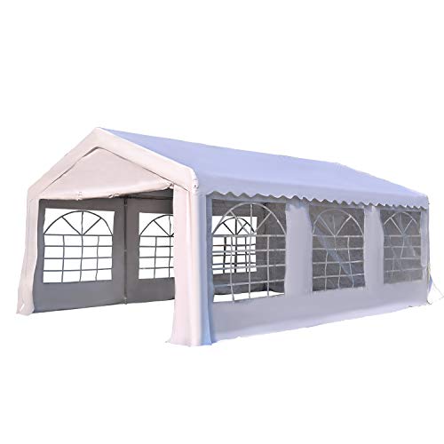 Outsunny Carpa de Jardín Cochera Gazebo 6x4m Pergola Cenador Pabellón 4 Paneles Laterales 6 Ventanas para Fiesta Eventos Bodas Acero PE Blanco