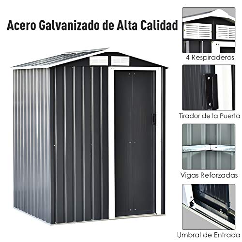 Outsunny Caseta de Jardín Metálica Cobertizo para Almacenaje de Herramientas Techo Inclinado 4 Ventilaciones 150x130x186cm Gris y Blanco