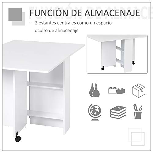 Outsunny HOMCOM Mesa Plegable de Madera con Ruedas Comedor Auxiliar Cocina Escritorio Blanco