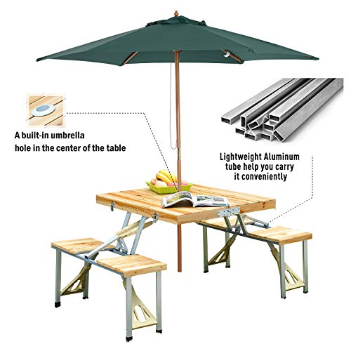 Outsunny Maleta Mesa Plegable Camping Picnic Playa 4 Asiento Agujero de Sombrilla Madera 138x85x68 cm