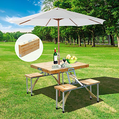 Outsunny Maleta Mesa Plegable Camping Picnic Playa 4 Asiento Agujero de Sombrilla Madera 138x85x68 cm