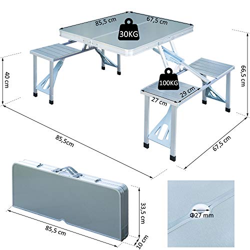 Outsunny Mesa Plegable 4 Asientos Aluminio con Agujero para Sombrilla para Camping Playa Picnic Exterior 136x85,5x66 cm