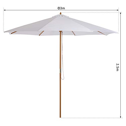 Outsunny Sombrilla Parasol Blanco Crema Madera Terraza Playa Jardin Piscina Camping