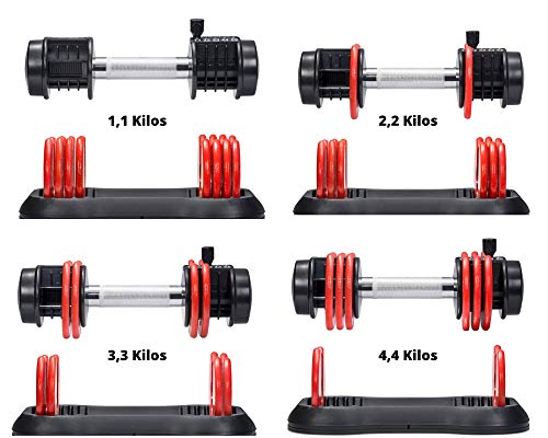 OVER SPORT Mancuernas Ajustables para Gimnasio o Hacer Deporte en Casa - Pesas con Discos Regulables para musculación en 2 tamaños - De 1,1 a 5,5 Kg y de 2,2 a 11 Kg para Hombre y Mujer (Individual)