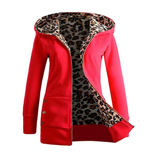 Overdose Las Mujeres MáS De Terciopelo Engrosada con Capucha Linda Dama SuéTer Leopard Cremallera Capa con Capucha Sudadera (Small, Rojo)