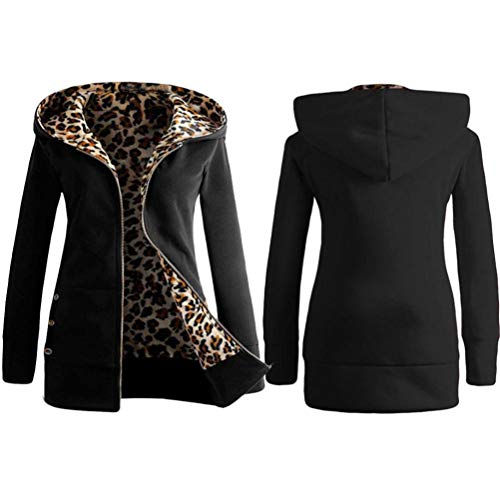 Overdose Las Mujeres MáS De Terciopelo Engrosada con Capucha Linda Dama SuéTer Leopard Cremallera Capa con Capucha Sudadera (x-Large, Negro)