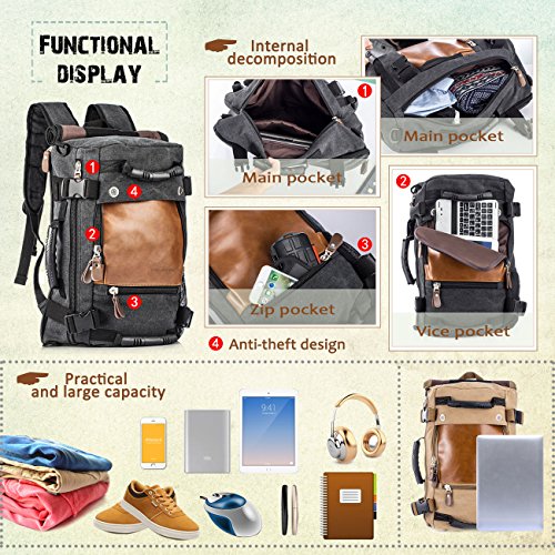 Overmont 35L Multifuncional portátil Vintage Mochila Bolsa Macuto de Lona Cuero para excursión Camping Senderismo Acampada Viaje activiadad al Aire Libre Caqui/Negro Overmont 35L Multifuncional portátil Vintage Mochila Bolsa Macuto de Lona Cuero para excursión Camping Senderismo Acampada Viaje activiadad al Aire Libre Caqui/Negro