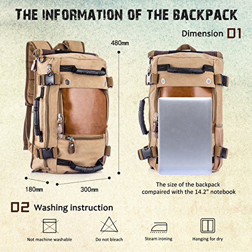 Overmont 35L Multifuncional portátil Vintage Mochila Bolsa Macuto de Lona Cuero para excursión Camping Senderismo Acampada Viaje activiadad al Aire Libre Caqui/Negro Overmont 35L Multifuncional portátil Vintage Mochila Bolsa Macuto de Lona Cuero para excursión Camping Senderismo Acampada Viaje activiadad al Aire Libre Caqui/Negro