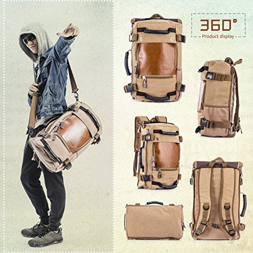 Overmont 35L Multifuncional portátil Vintage Mochila Bolsa Macuto de Lona Cuero para excursión Camping Senderismo Acampada Viaje activiadad al Aire Libre Caqui/Negro