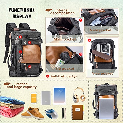 Overmont 35L Multifuncional portátil Vintage Mochila Bolsa Macuto de Lona Cuero para excursión Camping Senderismo Acampada Viaje activiadad al Aire Libre Caqui/Negro