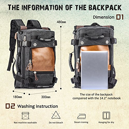 Overmont 35L Multifuncional portátil Vintage Mochila Bolsa Macuto de Lona Cuero para excursión Camping Senderismo Acampada Viaje activiadad al Aire Libre Caqui/Negro