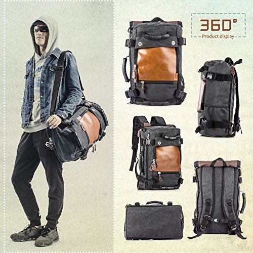 Overmont 35L Multifuncional portátil Vintage Mochila Bolsa Macuto de Lona Cuero para excursión Camping Senderismo Acampada Viaje activiadad al Aire Libre Caqui/Negro