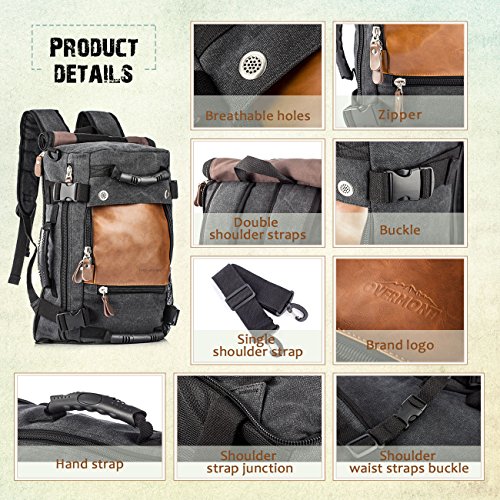 Overmont 35L Multifuncional portátil Vintage Mochila Bolsa Macuto de Lona Cuero para excursión Camping Senderismo Acampada Viaje activiadad al Aire Libre Caqui/Negro Overmont 35L Multifuncional portátil Vintage Mochila Bolsa Macuto de Lona Cuero para excursión Camping Senderismo Acampada Viaje activiadad al Aire Libre Caqui/Negro