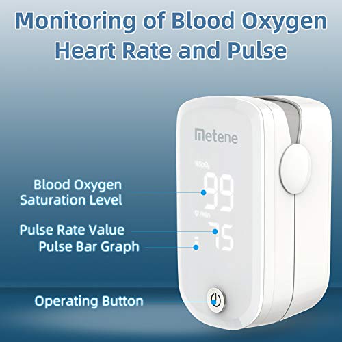 Oxímetro Cardíaco de punta del dedo Metene, Monitor de Saturación de Oxígeno en la Sangre, Frecuencia Cardíaca y Nivel de SpO2 con Cordón y Baterías, Gran Pantalla LED, para el Hogar