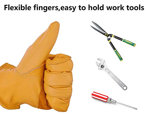 Ozero 3 pares con refuerzo de vaca guantes de trabajo guantes de trabajo de piel, Palma de la mano y bola y cinta para hombres, Amarillo