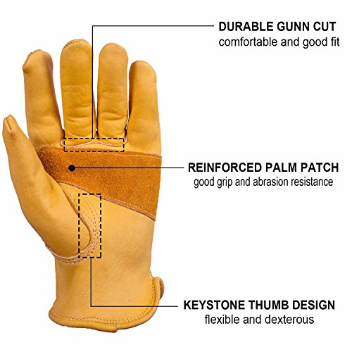 Ozero 3 pares con refuerzo de vaca guantes de trabajo guantes de trabajo de piel, Palma de la mano y bola y cinta para hombres, Amarillo