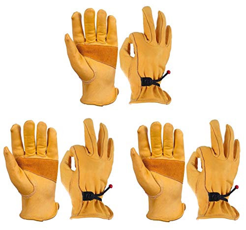 Ozero 3 pares con refuerzo de vaca guantes de trabajo guantes de trabajo de piel, Palma de la mano y bola y cinta para hombres, Amarillo