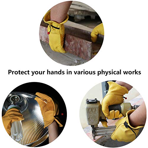Ozero 3 pares con refuerzo de vaca guantes de trabajo guantes de trabajo de piel, Palma de la mano y bola y cinta para hombres, Amarillo