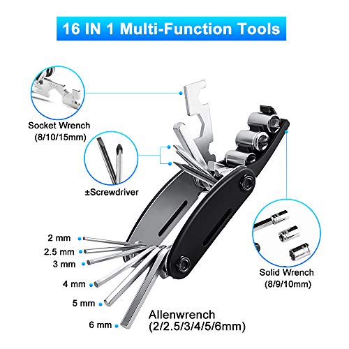 Oziral Mini Kit de Herramientas para Bicicleta 16 en 1 Reparación de Pinchazos Bicicleta con Kit de Parche y Palancas para Neumáticos, Herramienta Bici Multifunción Portátil Compacta