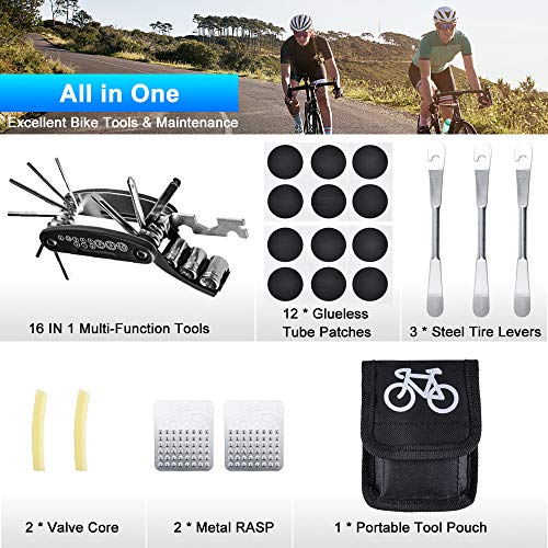 Oziral Mini Kit de Herramientas para Bicicleta 16 en 1 Reparación de Pinchazos Bicicleta con Kit de Parche y Palancas para Neumáticos, Herramienta Bici Multifunción Portátil Compacta