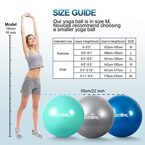 Oziral Pelota de Pilates 55cm,Anti-Burst Fitball Pilates Pelota para Yoga, Ejercicios, Gimnasia, Fitness, Equilibrio, incluidos Bomba y Manual de Usuario-Azul