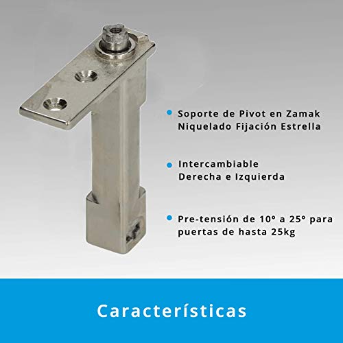 Pack 2 x Bisagras Torsión Muelle Retorno Automático (2,8mm Diámetro) | Soporte Pivot Zamak Niquelado Fijación Estrella | Intercambiable Derecha e Izquierda | de 10º a 25º Puertas 25kg