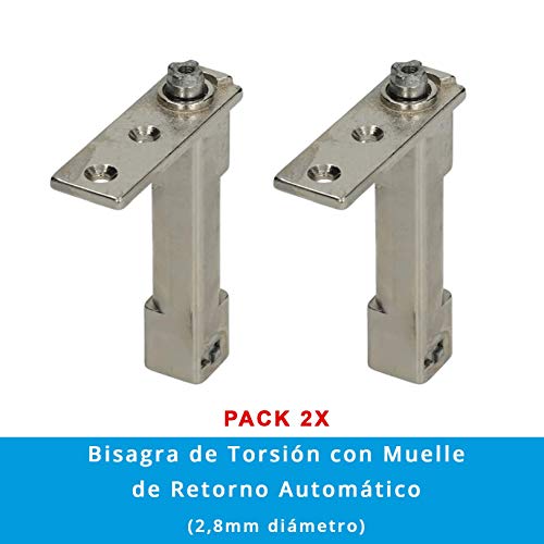 Pack 2 x Bisagras Torsión Muelle Retorno Automático (2,8mm Diámetro) | Soporte Pivot Zamak Niquelado Fijación Estrella | Intercambiable Derecha e Izquierda | de 10º a 25º Puertas 25kg