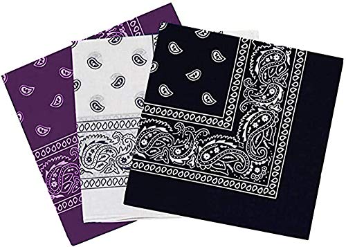 Pack 3 Pañuelos Bandanas Paisley de Algodón 55x55cm para Cuello o Cabeza Múltiuso Unisex (morado+blanco+negro, Talla única)