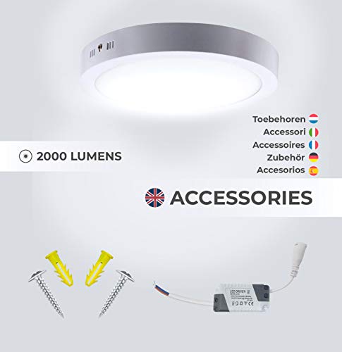 PACK X4, Lamparas de techo, Plafon Led techo, 20W 2000LM diámetro 205 redondo, downlight led techo, Dormitorio, Salon, Pasillos, Baños, Clase eficiencia energetica A++ (6000K-luz blanca fria, Pack x4)