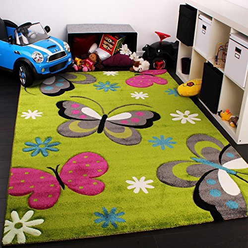 Paco Home Alfombra Infantil - Diseño De Mariposas - Verde Crema Rojo Rosa, tamaño:120x170 cm