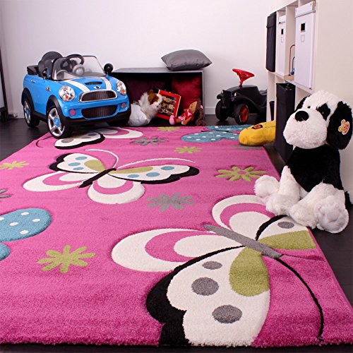 Paco Home Alfombra Infantil - Diseño De Mariposas Verde Rojo Gris Negro Crema Rosa, tamaño:160x230 cm