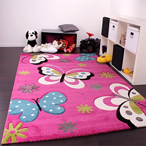 Paco Home Alfombra Infantil - Diseño De Mariposas Verde Rojo Gris Negro Crema Rosa, tamaño:160x230 cm