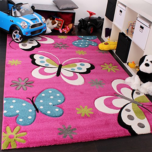 Paco Home Alfombra Infantil - Diseño De Mariposas Verde Rojo Gris Negro Crema Rosa, tamaño:160x230 cm