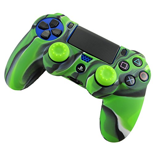 Pandaren® Piel Fundas Protectores para el Mando PS4 x 3 + pulgar agarre thumb grip x 6(camuflaje verde)