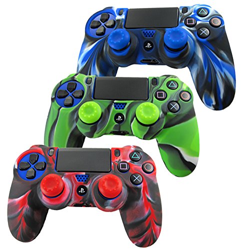 Pandaren® Piel Fundas Protectores para el Mando PS4 x 3 + pulgar agarre thumb grip x 6(camuflaje verde)