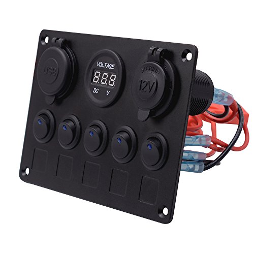 Panel de Dual Toma USB + 12V Voltímetro Digital LED +Encendedor de Cigarrillos +5 Interruptor para Coche Barco Marino Carvan Vehículos