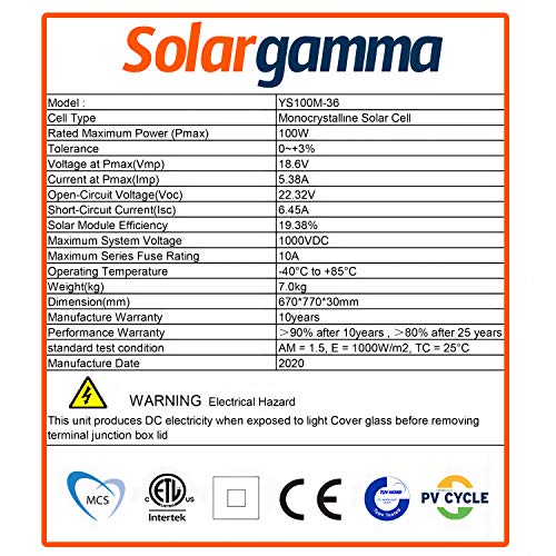 Panel Solar 100W 12V Monocristalino PERC - Panel Solar para Campers, Autocaravanas, Barcos y Montaje en Techos - Placa Solar Autoconsumo - Portátil, Ligero y Resistente