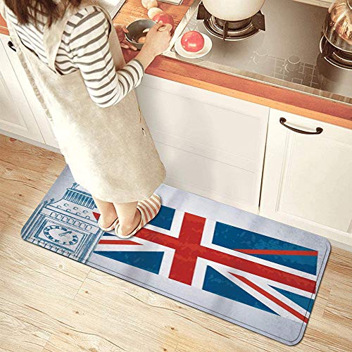 PANILUR Alfombras para Cocina Baño de Cocina Absorbente Alfombrilla，Concepto Big Ben de la Torre del Reloj y la Bandera Inglesa，para Dormitorio Baño Antideslizantes Lavables