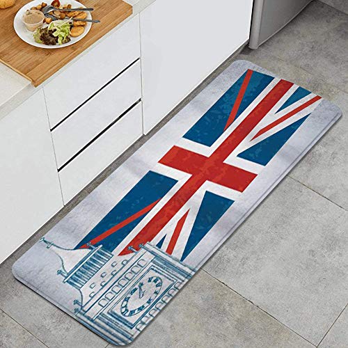 PANILUR Alfombras para Cocina Baño de Cocina Absorbente Alfombrilla，Concepto Big Ben de la Torre del Reloj y la Bandera Inglesa，para Dormitorio Baño Antideslizantes Lavables