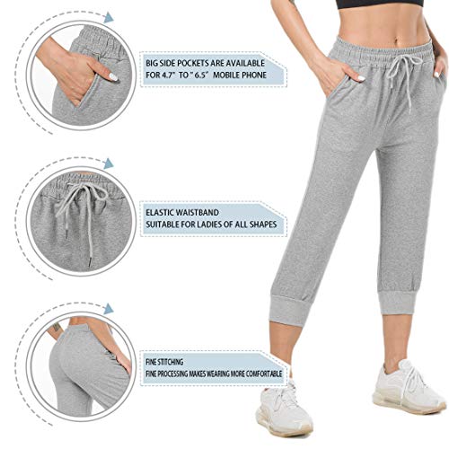 Pantalón Chándal y Deportivo para Mujer Pantalones de Estilo Libre Pantalones Hasta la Pantorrilla Elástico para Corredores Pantalón con Bolsillos y Cordón Ajustable para Deporte Yoga Gimna (Gris, XL)